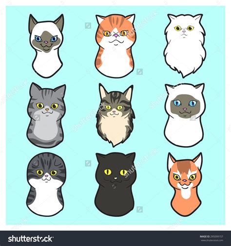 Cute Cartoon Cats Faces Set Exotic Cat Black Cat Siamese Cat
