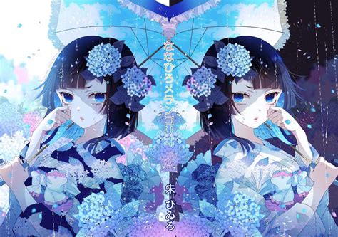Wallpaper Kimono Teary Eyes Anime Girl Black Hair Umbrella Flowers