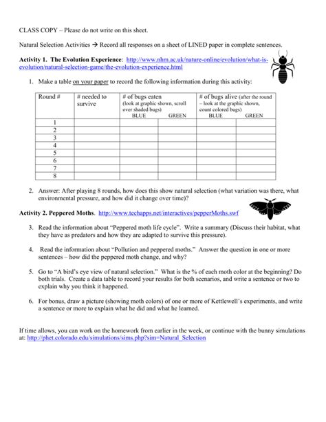 Natural selection, variation, and random mutations. Peppered Moth Simulation Worksheet Answers