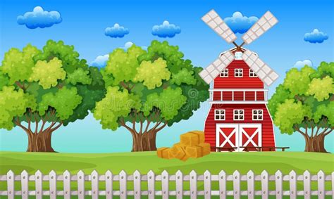 Scene With Windmill And Well In The Farm Stock Vector Illustration Of
