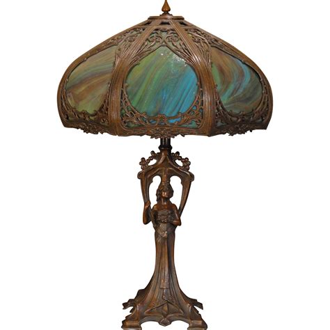 Gorgeous Gothic Art Nouveau Figural Lamp W Cattail Slag Glass Shade From Stidwillsantiques On