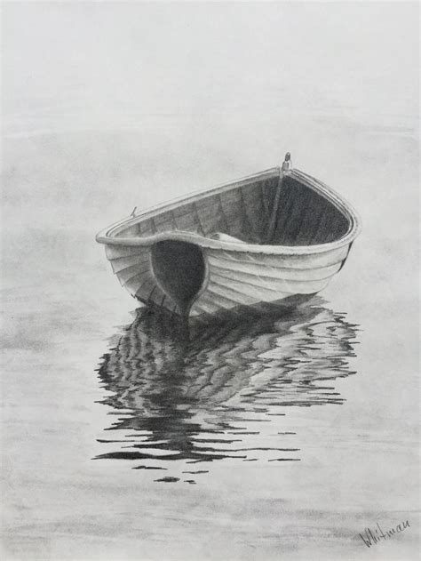 90 Row Boat Reflections Original Art Graphite Pencil Drawing By