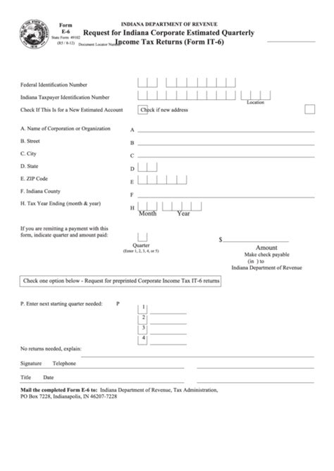 Form E 6 Request For Indiana Corporate Estimated Quarterly Income Tax
