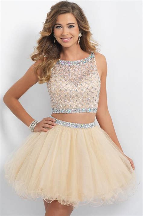 Champagne Homecoming Dresses Short Two Piece Prom Dresses Tulle Beaded Rhinestones Crystal Mini