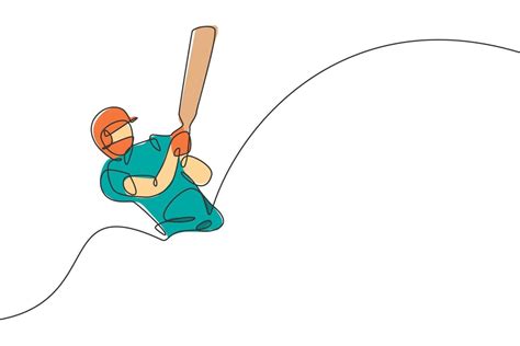 One Continuous Line Drawing Of Young Happy Man Cricket Player Focus To