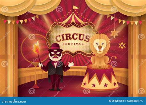 Great Circus Show Lion On A Circus Stand And Performer Controlling