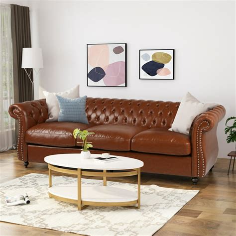Noble House Aaniya Chesterfield Tufted Sofa With Scroll Arms Cognac