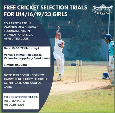 Free Cricket Selection Trials for U14 to U23 Girls by Achievers Cricket