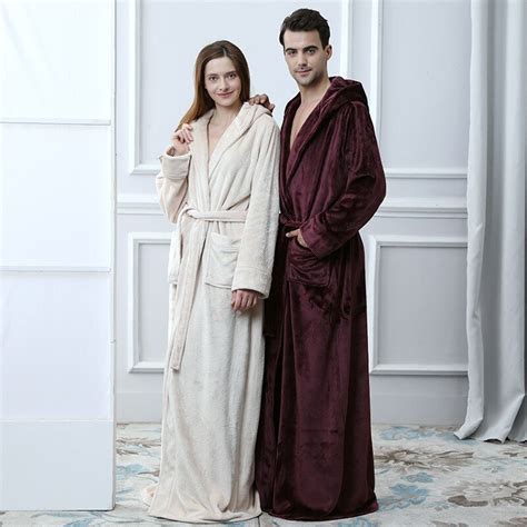 Lovers Thermal Hooded Extra Long Flannel Bathrobe Women Men Thick Warm