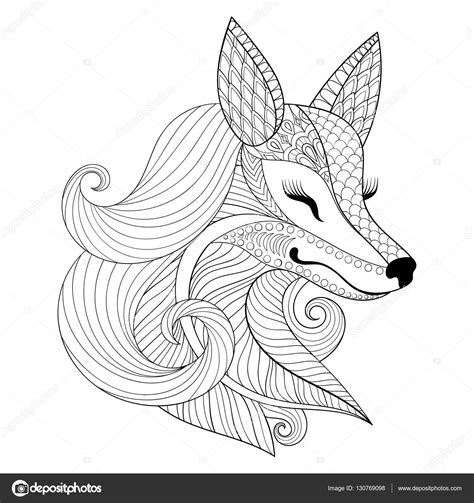 Zentangle Fox Face In Monochrome Doodle Style Hand Drawn Wild Animal