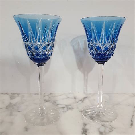 Pair St Louis Crystal Wine Glasses Sapphire Blue Stamped Cristal Saint Louis France 714223