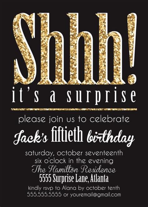 Shhh Its A Suprise Party Invitation Black White Gold Etsy Suprise Party Moms 50th Birthday