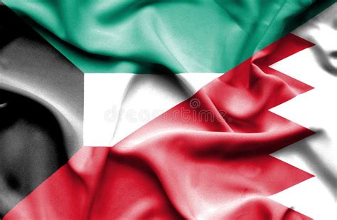 Kuwait And Bahrain Two Flags Textile Cloth Fabric Texture Stock