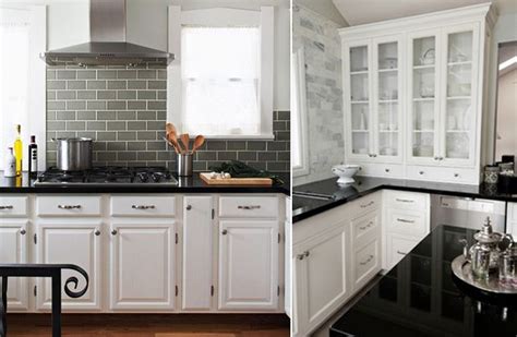 White shaker cabinets and subway tile backsplash and black countertop with brown wood floor. How to Pair Countertops and Backsplash - The Interior Collective | Trendy kitchen backsplash ...