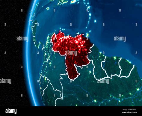 Space Orbit View Of Venezuela Highlighted In Red On Planet Earth At