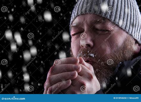 Freezing Cold Man In Snow Storm Stock Photo Image Of Eyebrows Collar