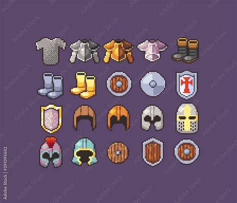 Pixel Art Armor Icons Containing Chest Plate Helmet Boots Shields