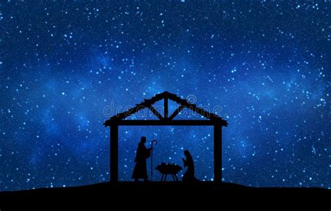 Blue Christmas Greeting Card Banner Background With Nativity Scene