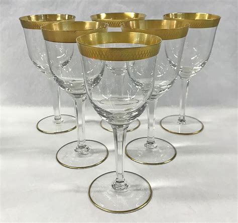 Vintage Acid Etched Gold Rimmed Crystal Claret Wine Glasses