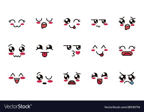 Kawaii Cute Face Expressions Eyes And Mouth Icons Vector Image