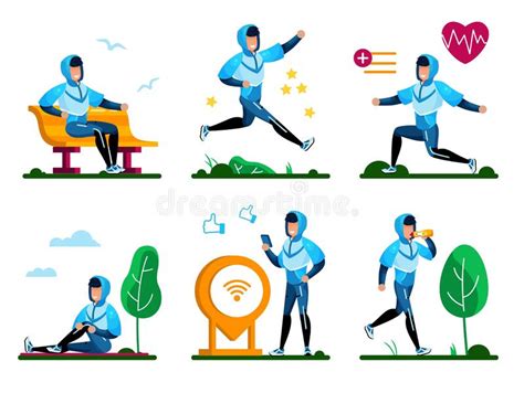 Healthy Lifestyle Routines Flat Vector Concept Set Stock Illustration