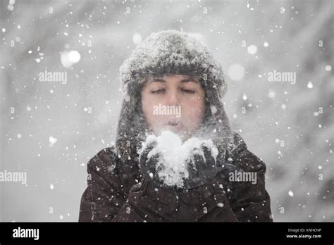 Happy Woman Blowing Snow In Winter Forest Girl Having Fun Outdoor In
