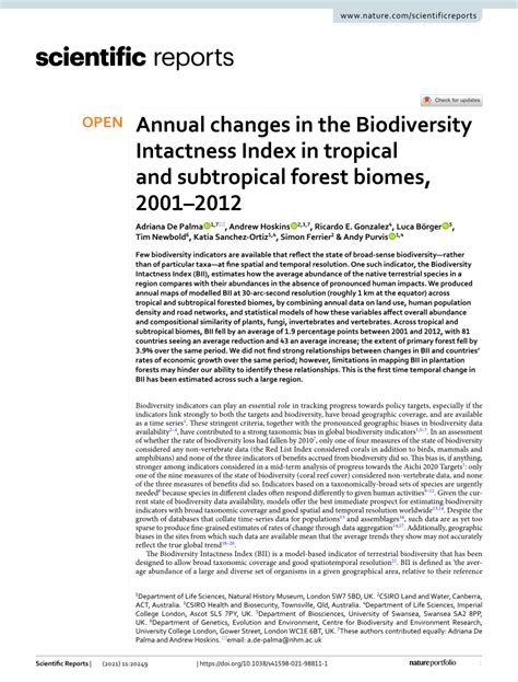 Pdf Annual Changes In The Biodiversity Intactness Index In Tropical