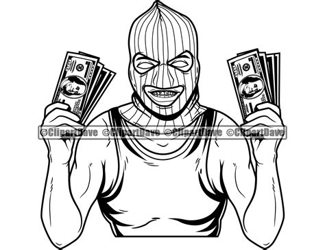 digital gangster ski mask gold teeth holding money stack svg design thug criminal savage