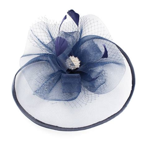LARGE NAVY FLOWER DIAMOND MESH FEATHER FASCINATOR - Headdecor