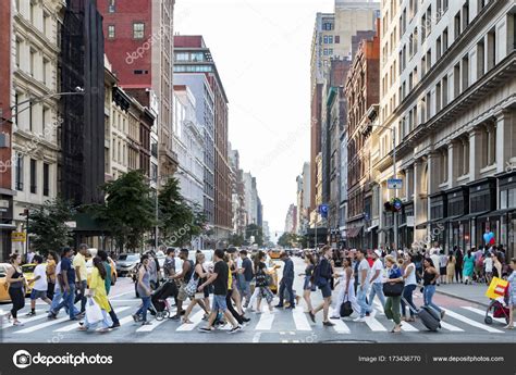 New York City Circa 2017 Crowds Of Busy People Cross Street Stock