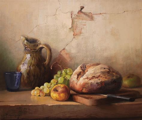 Robert Chailloux | Still life - loaf of bread and fruit with pitcher ...