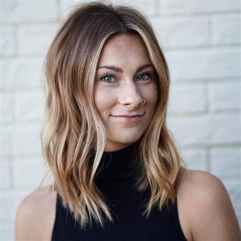 Womens Wavy Subtle Layered Lob With Center Part And Honey Blonde