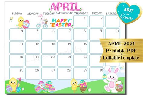 April 2021 Easter Bunny Calendar Month Printable Pdf Available In Us