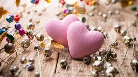 Light Pink Heart Shape Decoration Beads On Wood Table Hd Heart