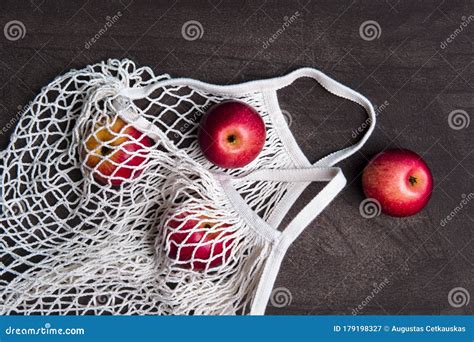 Apples In White Eco Friendly Mesh Bag Zero Waste Concept Stock Image