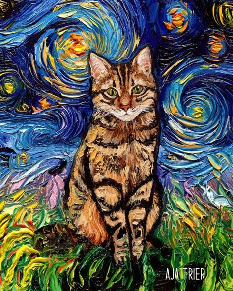 Brown Tabby Night Cat Starry Night Art Print Picture By Aja Etsy