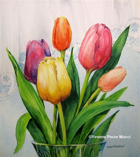 Spring Tulips Watercolor Tulip Painting Floral Watercolor Tulip Drawing