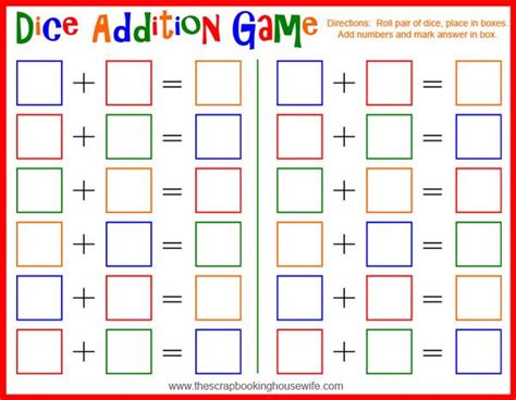 Dice Addition Math Game For Kids Free Printable Printable Math