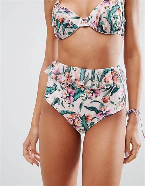 Asos Design Slip Bikini Femminili A Vita Alta Con Volant E Stampa Tropicale Asos