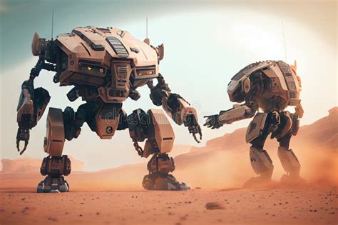 Two Robots On Futuristic Battlefield Ready To Engage In Fierce Battle