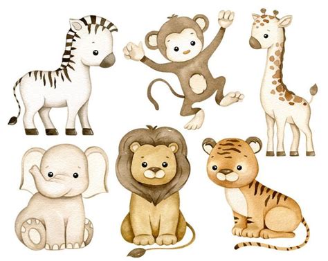 Safari Animals Watercolor Clipart Jungle Animals Clip Art Neutral