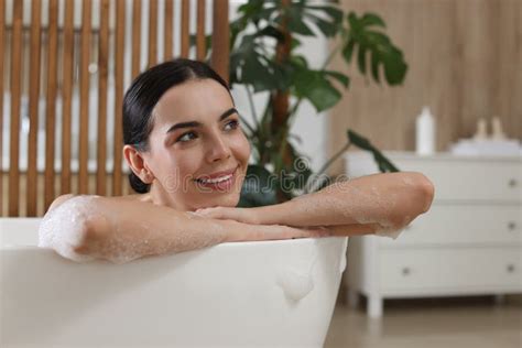 Beautiful Young Woman Taking Bubble Bath At Home Stock Image Image Of