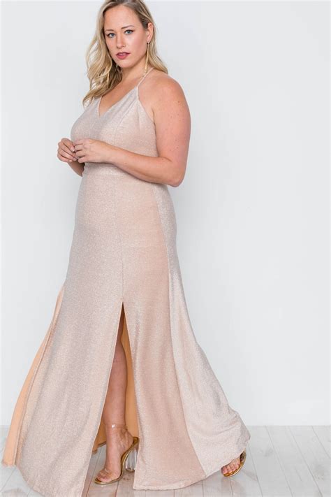 Plus Size Nude Front Slits Cami Evening Maxi Dress Just Viva