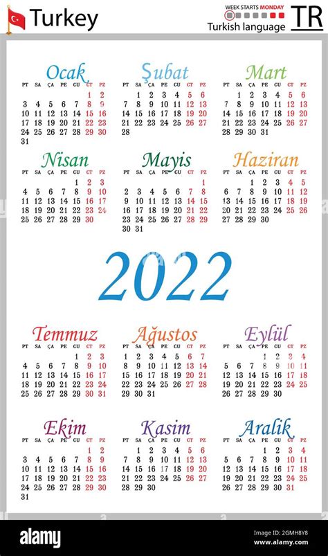 Turkish Vertical Pocket Calendar For 2022 Two Thousand Twenty Two