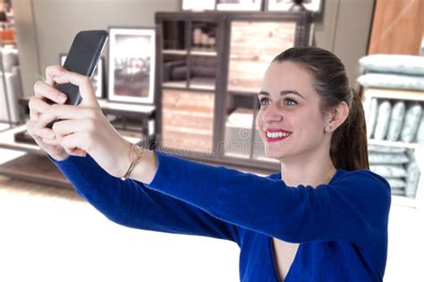 Beautiful Woman Using Smart Phone In Home Selfie Stock Image Image Of