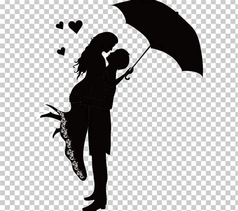 The Silhouette Of A Man And Woman Under An Umbrella With Hearts Flying