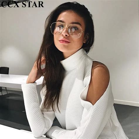 Ccx Star White Turtleneck Stripe Tees Top Half Hollow Out Shoulder T Shirts Female Loose Sexy