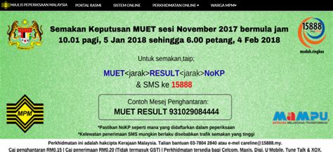Bagi pelajar yang mengambil ujian malaysian university english test (muet) sesi november 2013, anda boleh semakan keputusan ujian pada 16 januari 2014. Check Your November 2017 MUET Results Now