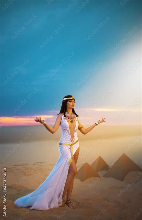 Egypt Woman Pagan Prays Hands Raised To Heaven Blue Sky Sexy Girl Egyptian Goddess Queen