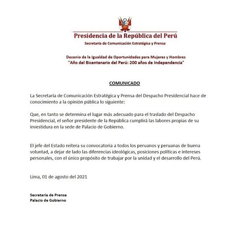 Comunicado de la Presidencia de la República Agencia Peruana de Noticias